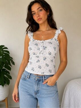 Lucky brand Floral Ruffle Tank Top - White with Blue Flowers